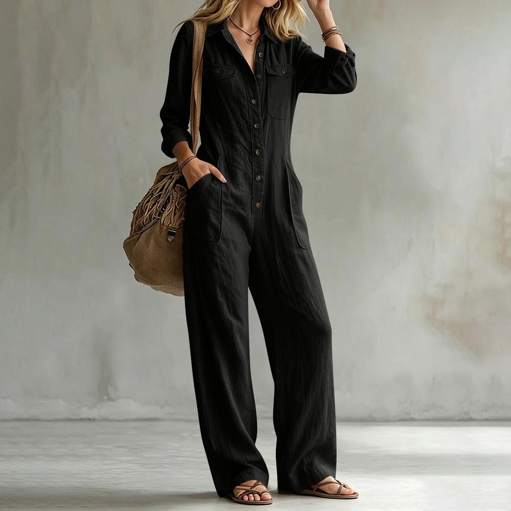 Damen Farbiger Jumpsuit mit langen Ärmeln, weitem Bein und Kragen für Urlaub und Reisen
