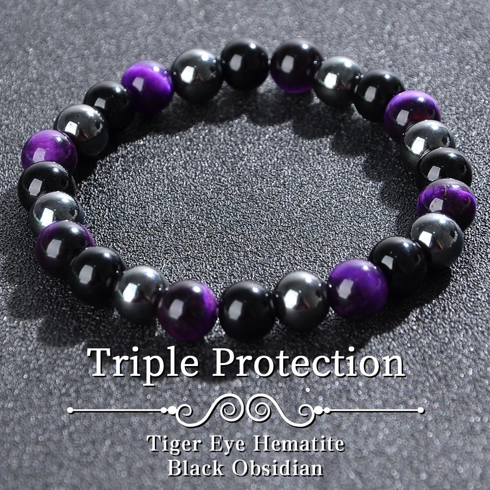 Triple Protection Bracelet, Blue Malachite Black Bile Obsidian Beaded Bracelet, Handmade Stretch Beaded Bracelet