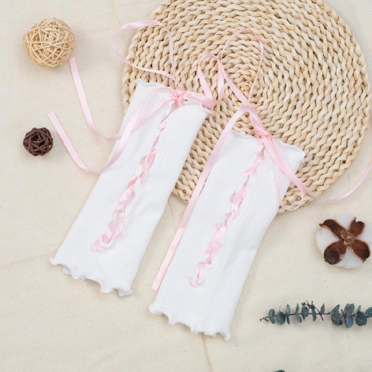 Gothic Frilly Fingerless Gloves Lace-Up Ribbon Ribbed Knit Arm Warmers for Women