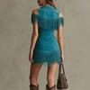 Ladies' Casual Retro Suede Fringe Off Shoulder Dress, Western Spicy Girl Waist Cinching Short Skirt