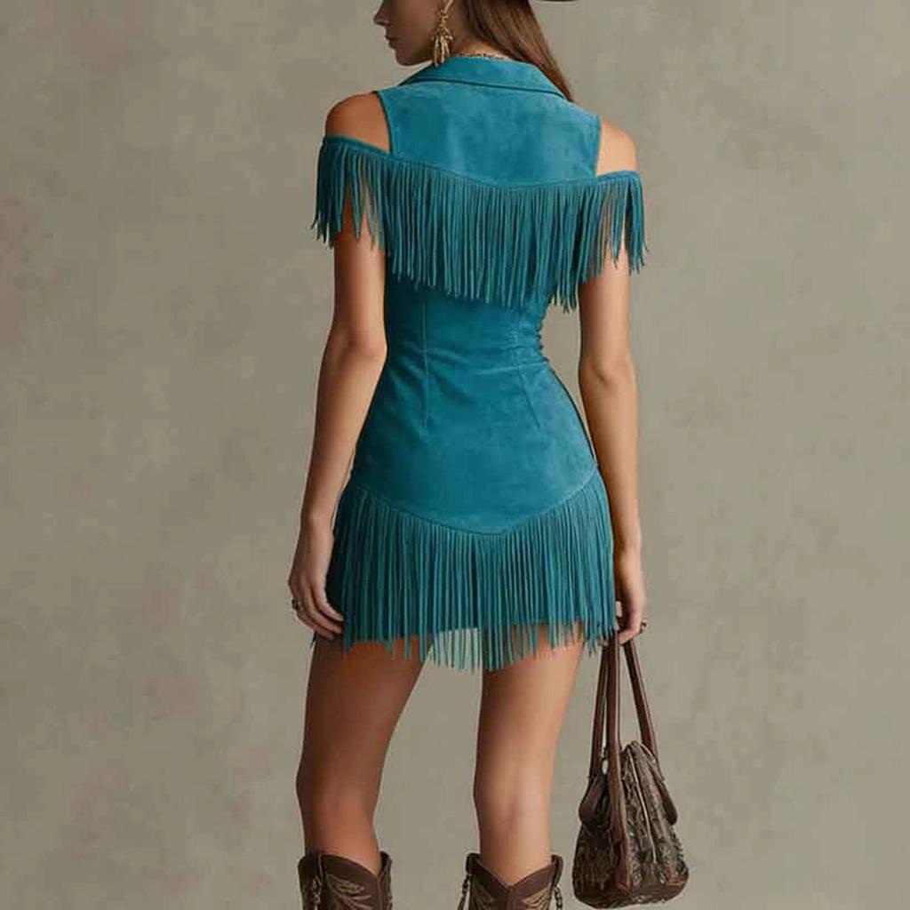 Ladies' Casual Retro Suede Fringe Off Shoulder Dress, Western Spicy Girl Waist Cinching Short Skirt