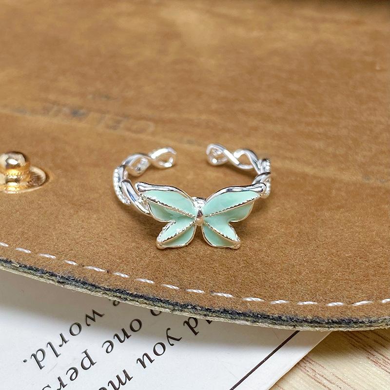 Enamel Mambo Mint Green Drop Glaze Butterfly Opening Ring Female Sweet White Flower Niche Premium Ring