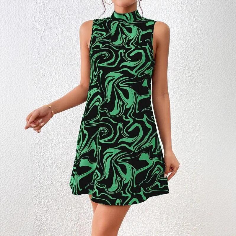 Women's summer European and American printed stand-up collar dress