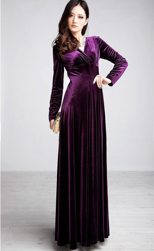 Platinum Liberty long perfect for parties and dance Velvet dress size V-neck, high-waisted, empire-waisted, maxi-length dress, halls. (purple, L).