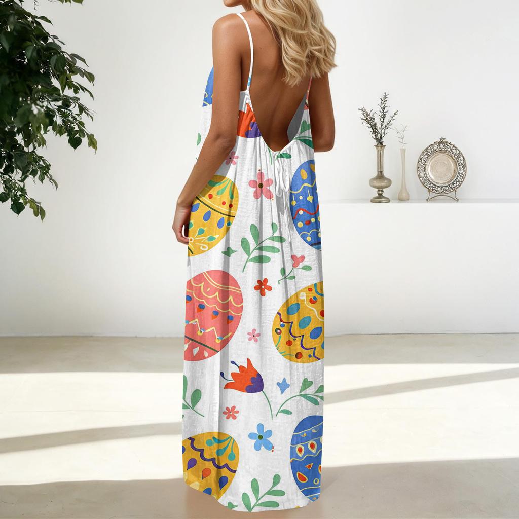 Women's Fashion Backless Spaghetti Strap Casual Loose-Fit Easter Print Dress