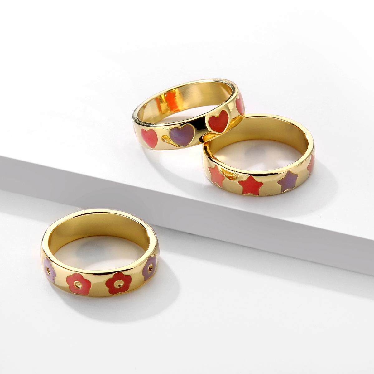 

Aesthetic Colorful Enamel Heart Star Flower Shaped Ring Set for Women Cute Fashion Stacking Finger Rings Zircon Gift