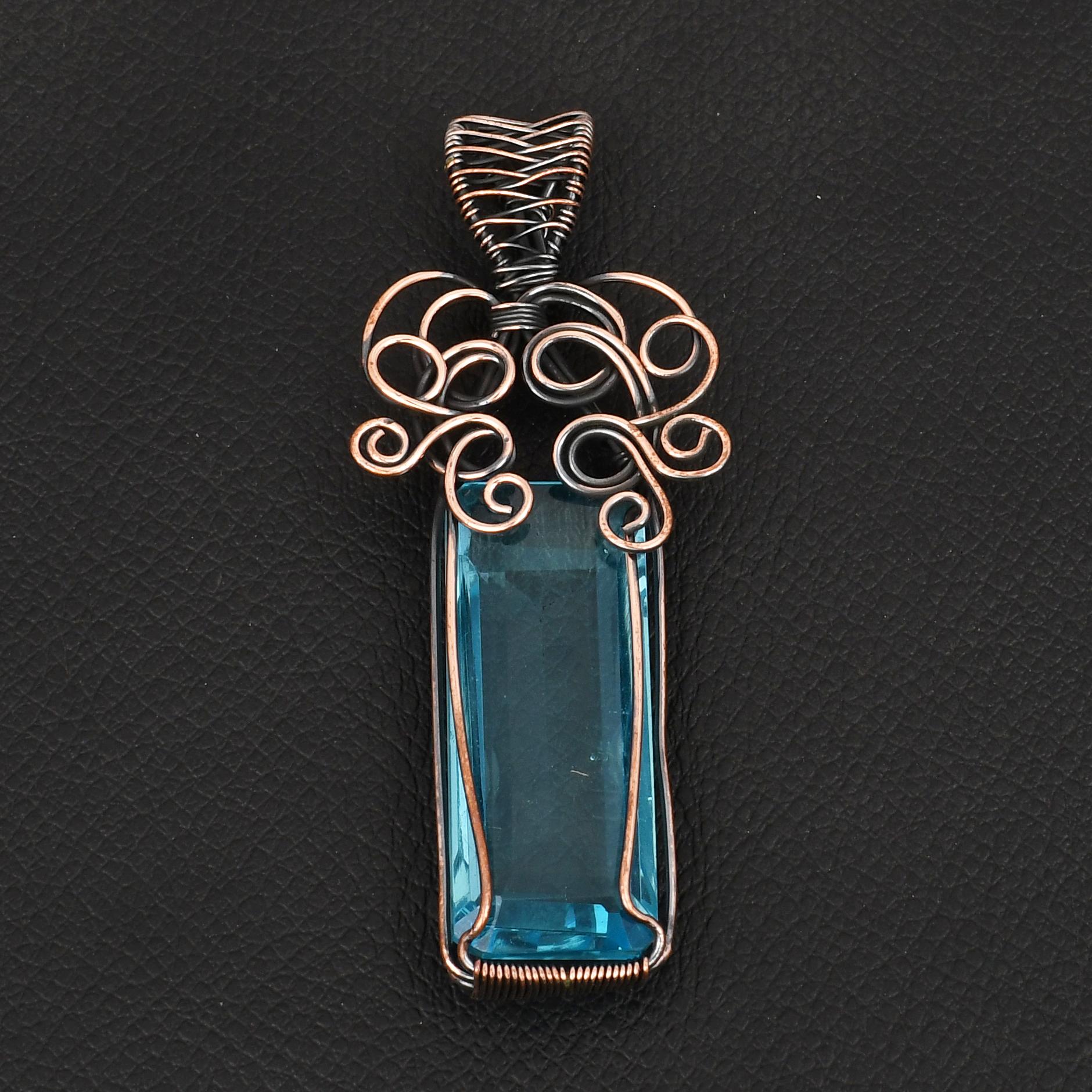 Blue Topaz GemStone Pendant Rectangular Copper Wire Wrap Jewelry Vintage Style Copper Pendant