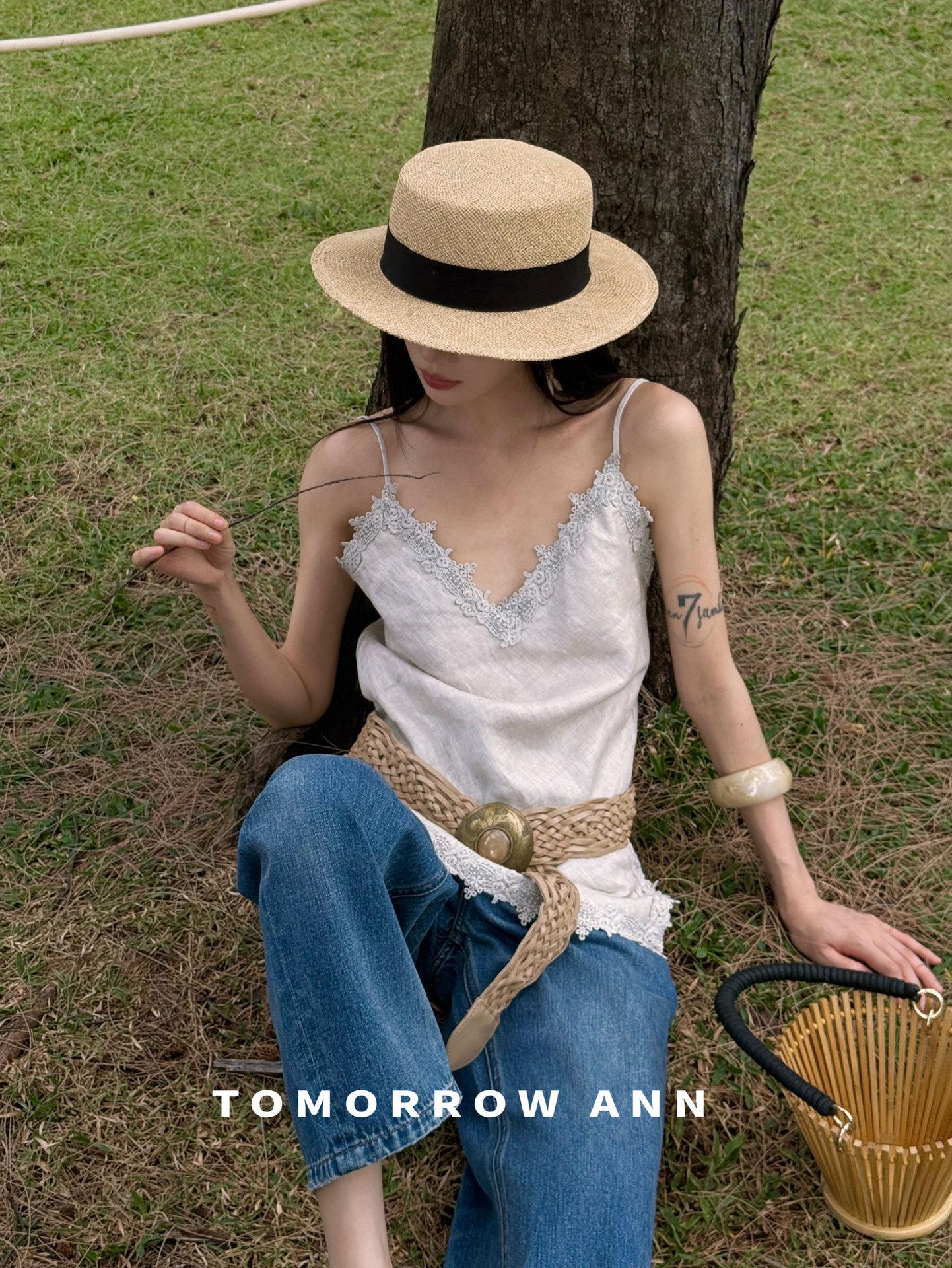 TOMORROWANNV Pure Linen Lace French-Style Sleeveless Camisole - Spring/Summer Medium