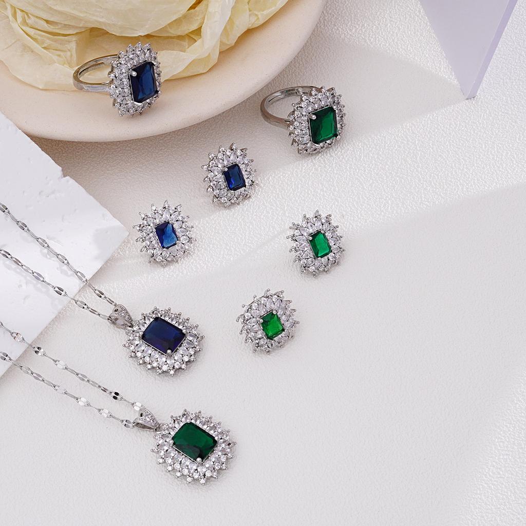 Luxury Bling Geometric Zircon Necklace Stud Earrings Ring for Women Wedding Party Fashion Stainless Steel Chain Jewelry Set Gift