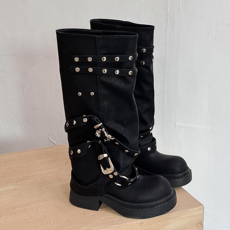 Nieten schwarz hohe Stiefel Damenschuhe 2025 neu runde Spitze Nischendesign dicksohlige Stiefel Ritterstiefel