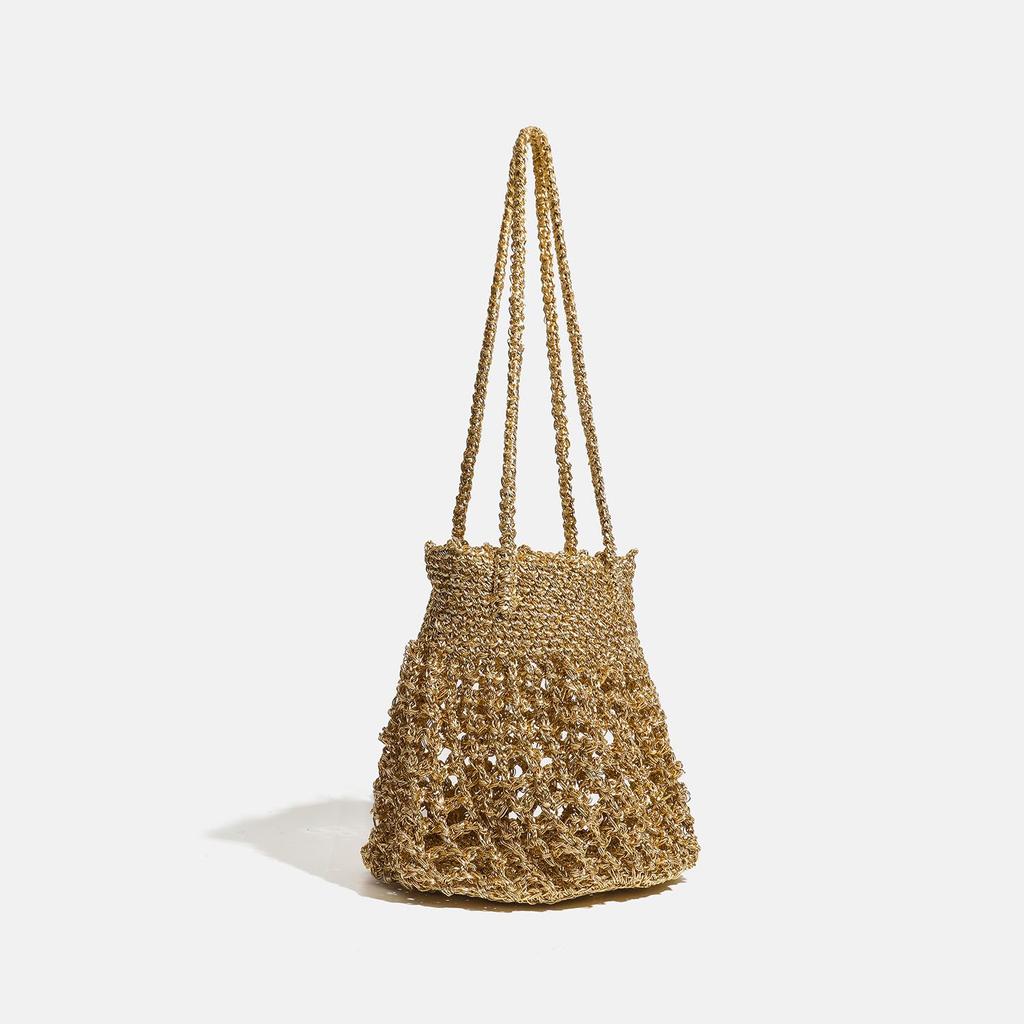 Niche Handmade Crochet Woven Bag with High-end Feel, Hollowed Out Large Capacity Water Bucket Bag, Sparkling Silver Wire Shoulder Bag