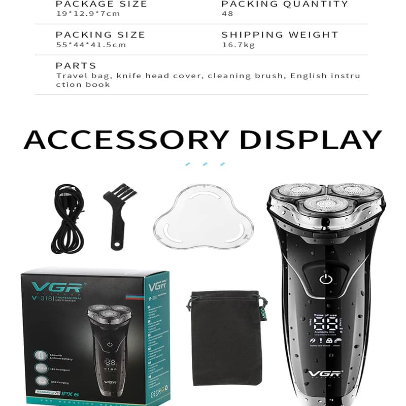 Aparat de ras electric pentru bărbați cu trei lame flotante din oțel inoxidabil, de uz casnic, lavabil pe tot corpul, cu afișaj digital, aparat de ras electric reîncărcabil, sigur