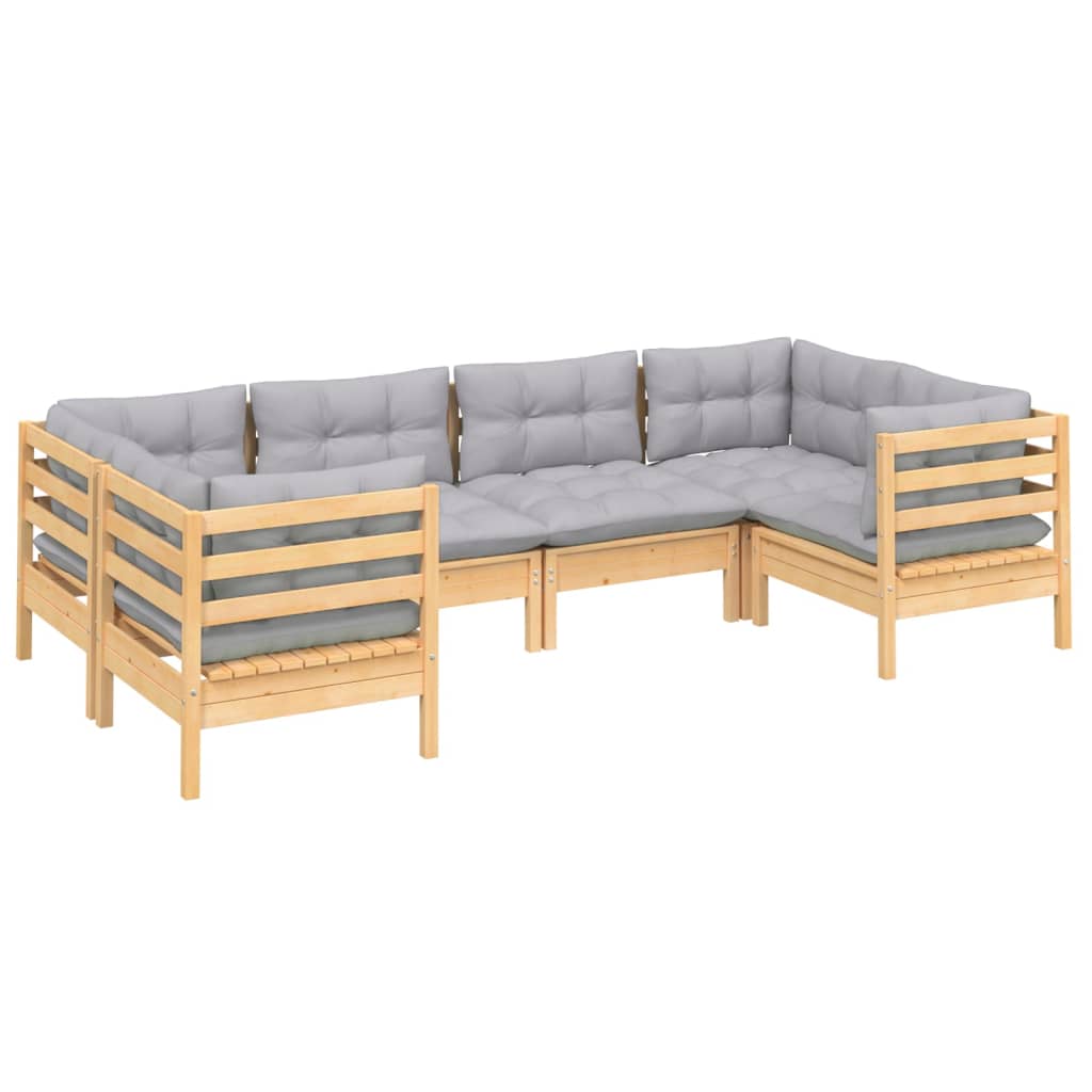 6 Piece Garden Lounge Set with Grey Cushions Pine Wood