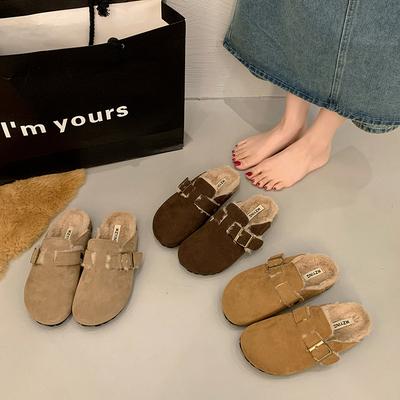 One Pedal Thick-soled Velvet Women's Autumn and Winter New Belt Buckle Bag Head Fluffy Slippers Women's Large Size