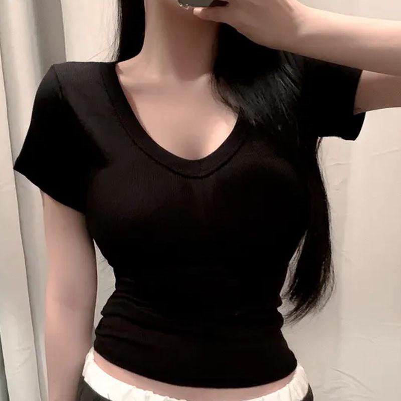 T-shirt Coréen pour Femme à Col en V, Coupe Ajustée, Manches Courtes