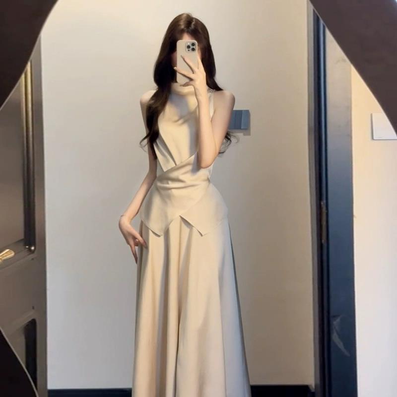 French-Inspired High-End Satin Two-Piece: Women s Sleeveless Long Vest and Waist-Cinched Skirt Set (Summer 2026 Design) Large