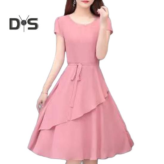 Lady Summer Dress A-line Patchwork Midi Dress O Neck Short Sleeves Lace-up Waist Solid Color Dress for Dating Parties Commuting