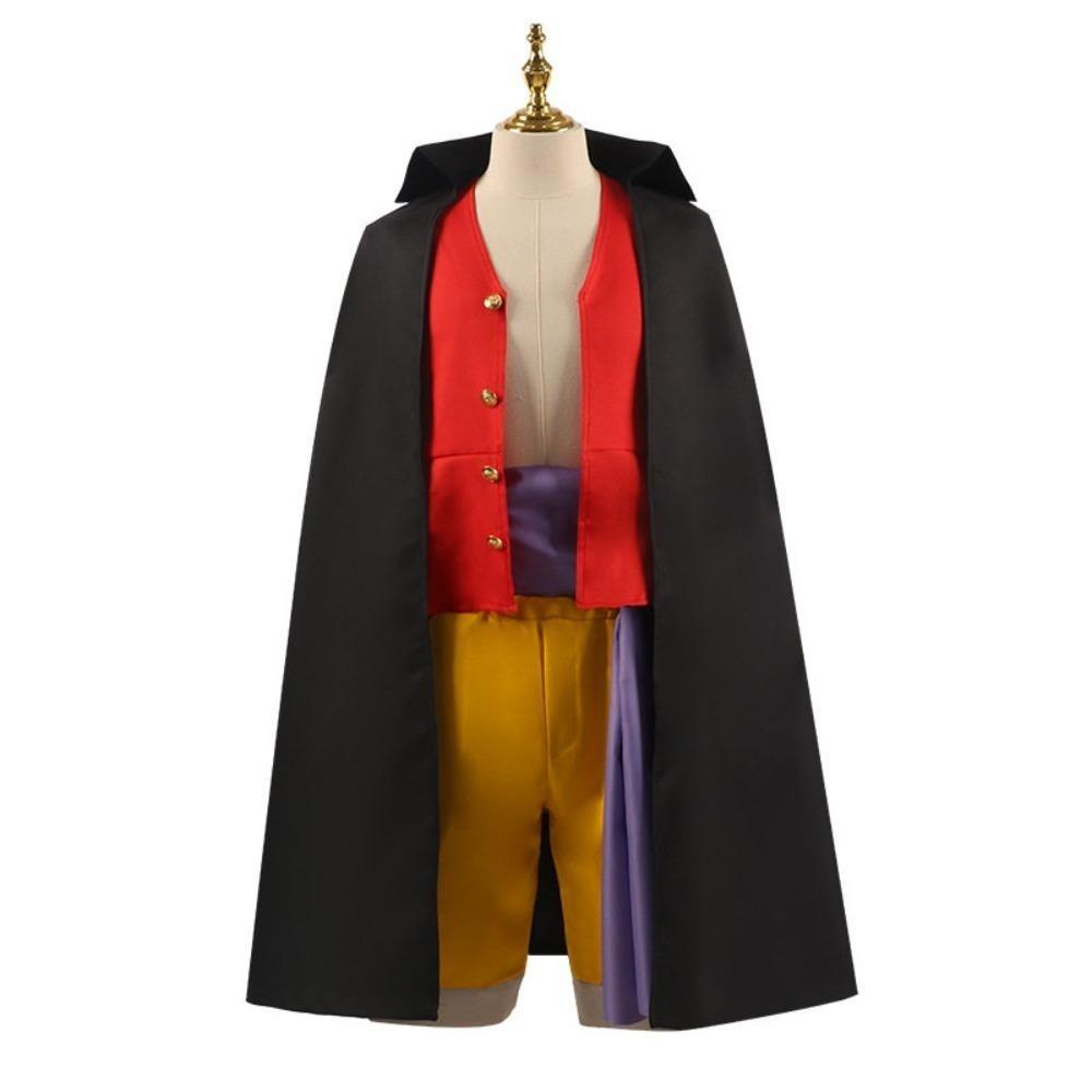One Piece Onigashima Monkey D Luffy Cosplay Kostüm, Schwarzer Umhang Rote Weste Gelbe Hose mit Strohhut, Anime Halloween Rollenspiel Outfit für Erwachsene Kinder