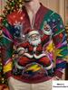 Long sleeved round neck sweatshirt men's clothing Christmas Santa Claus print quarter zip pullover top festive party wear
