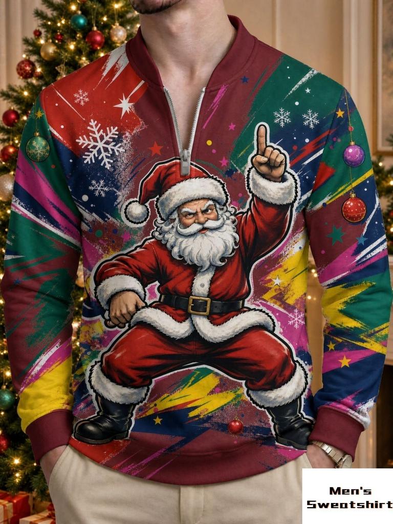 Long sleeved round neck sweatshirt men's clothing Christmas Santa Claus print quarter zip pullover top festive party wear