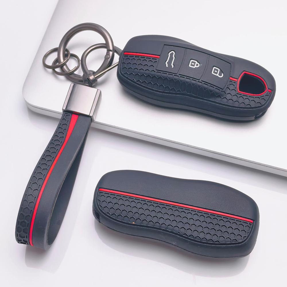 Smart Key Cover for Porsche Cayenne Macan Panamera 911 Boxster Cayman Taycan with Keychain Honeycomb Texture Racing Stripe Remote Key Case Protector