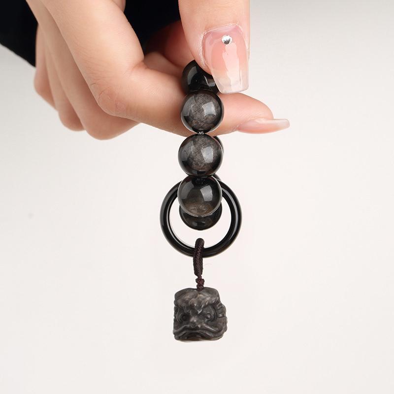 Black Awakening Lion Pendant Beaded Hand Twist Feng Shui Obsidian Bead Bracelet Men'S Women'S Wealth Good Luck Accessories