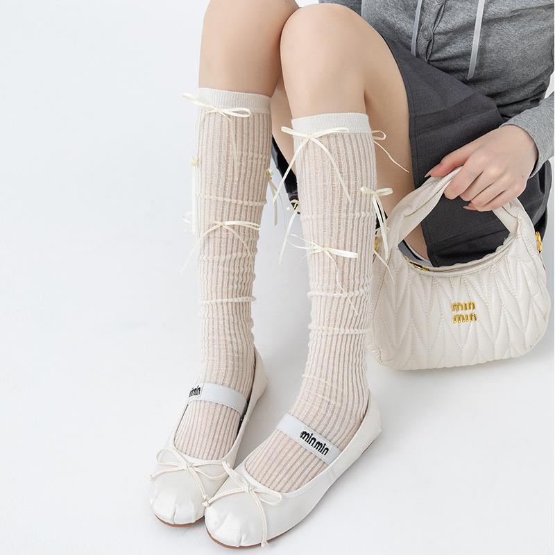 

Летние тонкие носки гольфы из хлопка с бантиком в балетном стиле, белые махровые носки, весенне-осенние носки до икры 1 pair бежевый