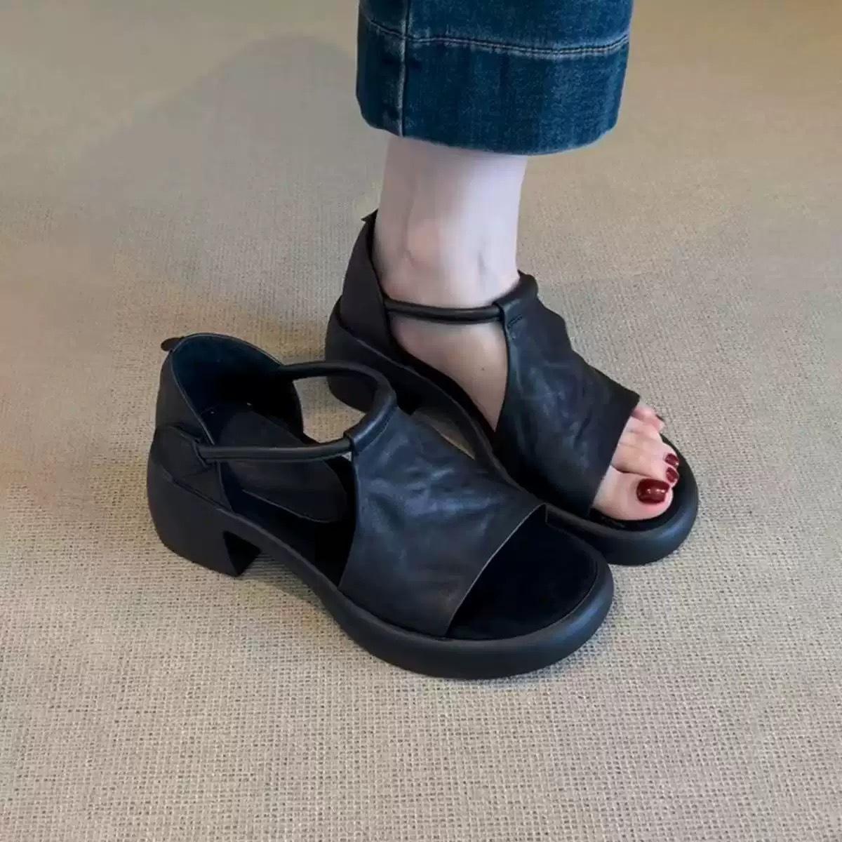 

Sheepskin version~ French retro platform thick heel leather sandals women s summer simple Velcro commuter open-toed Roman shoes 35