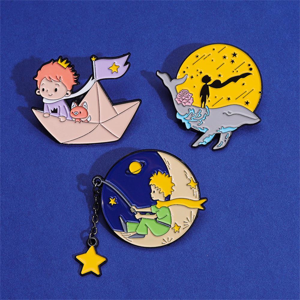 Cute Prince Fox Enamel Pins Custom Moon Star Paper Boat Whale Brooches Lapel Badges Cartoon Jewelry Gift for Kids Friends