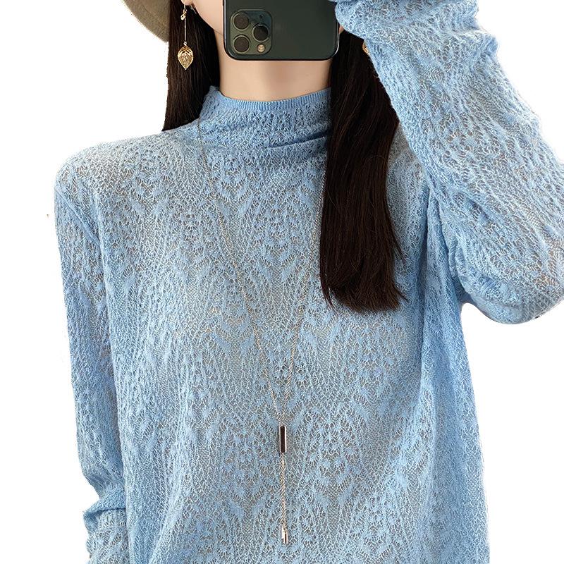 2025 Spring Worsted Wool Knit Sweater: Half-High Neck, Long Sleeve, Floral Hollow Design Pullover