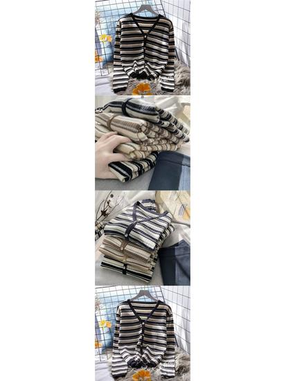 Dámský pruhovaný pletený kardigan v korejském stylu, s dlouhým rukávem, všestranný top, svetr jako svrchní oděv na jaro a podzim.