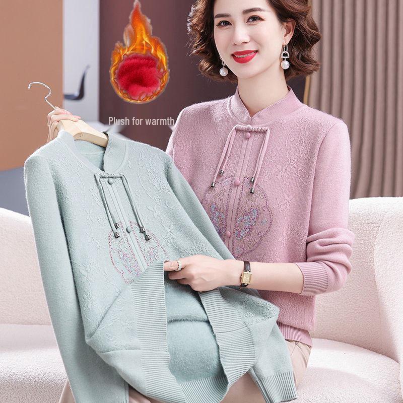 2024 Elegant Velvet Sweater for Women 50+, Chinese Style, Warm and Thick Base Layer for Mother's Wear.