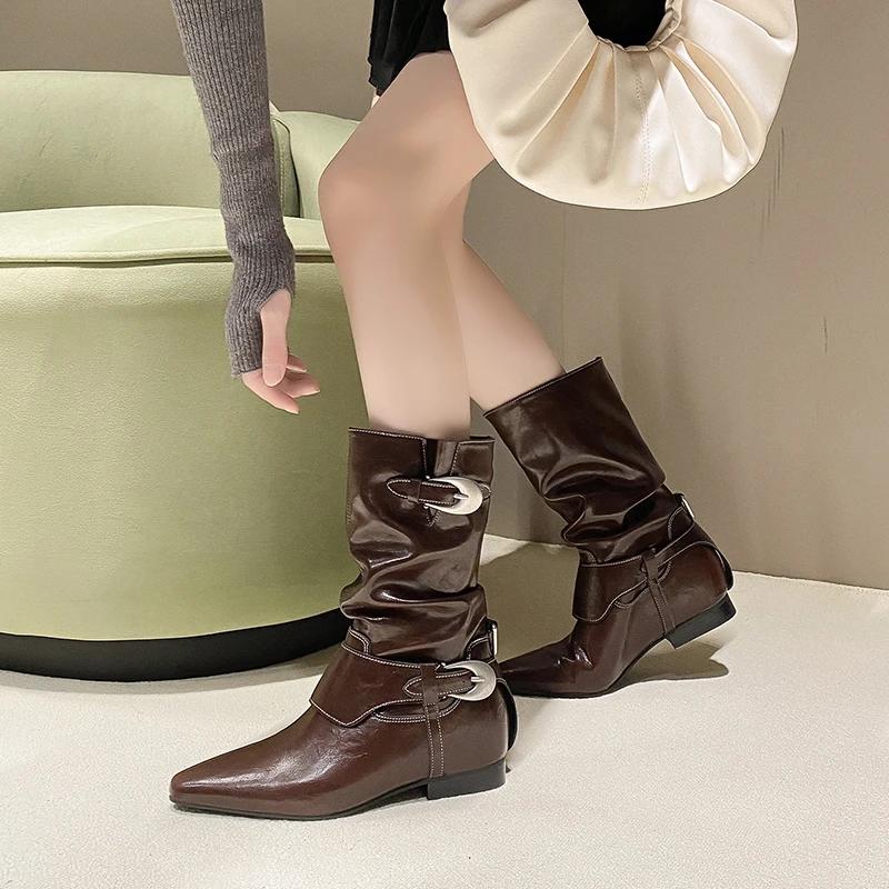 Fashion Shoes for Women 2024 Hot Sale Slip-on Women's Boots Fashion Metal Decoration Modern Boots Women Sexy Pointed Toe Mid-Calf Boots