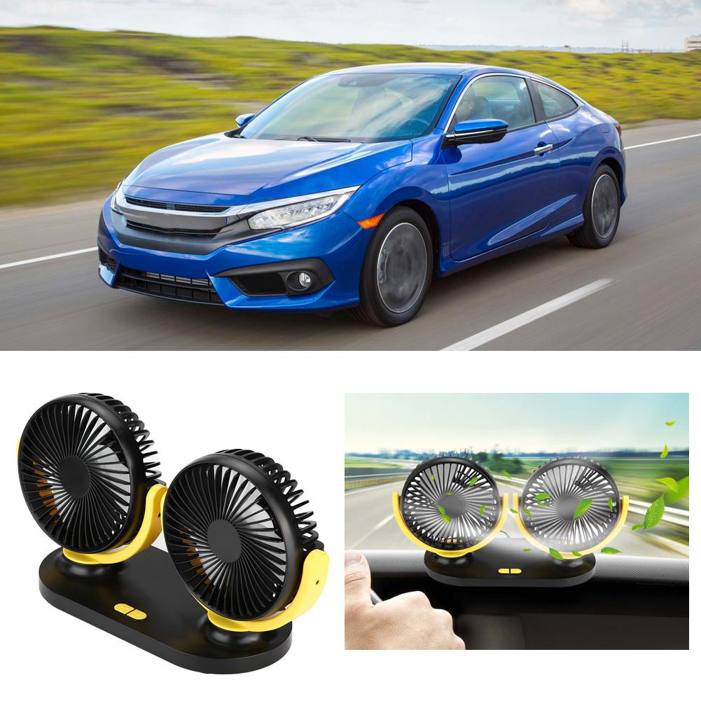 USB Dual Head Car Fan Portable Air Conditioner Auto Cooler Ventilation 12V Black Yellow
