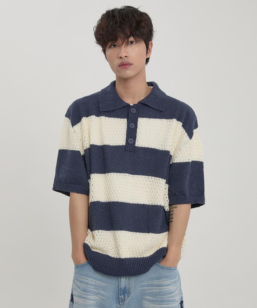 WAIKEI Scalloped Stripe Collared Short Sleeve Knit Navy