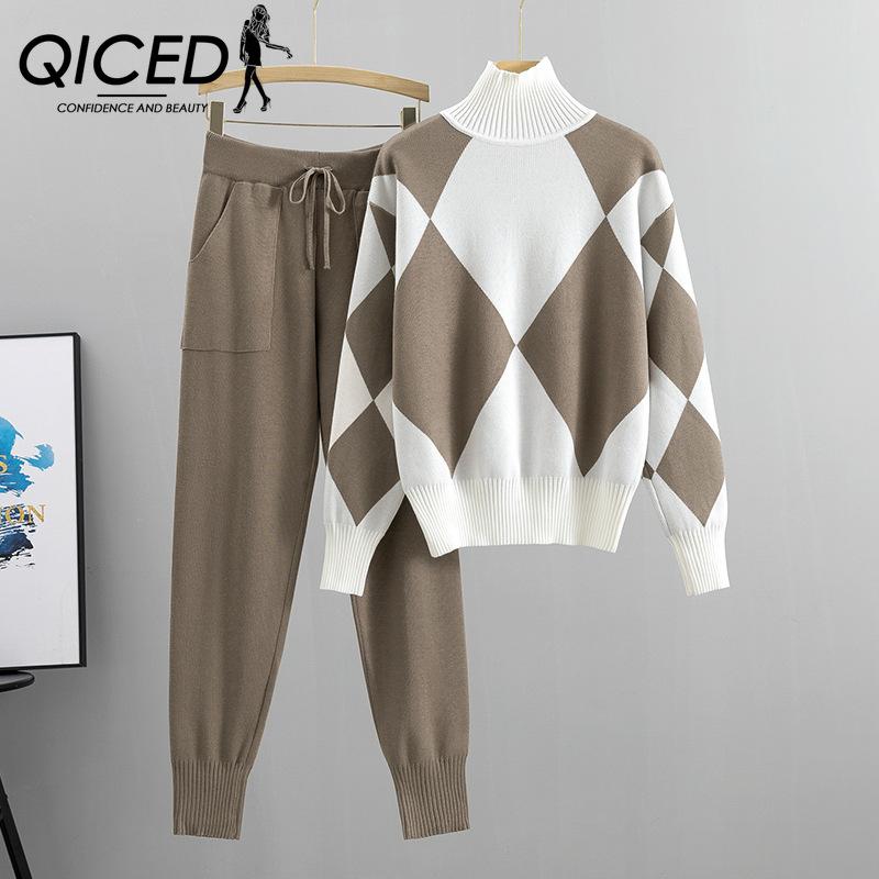 

QICED Fashion Set Women s Spring and Autumn Casual Knitted Checked Sweater Two-piece Set XXL червоний