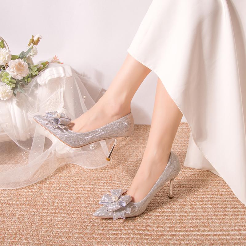 Fashion Aphixta 8cm 6cm Stiletto Heels Wedding Pumps Women Party Shoes Silver Crystal Butterfly Knot Pointed Toe Sexy High Heels