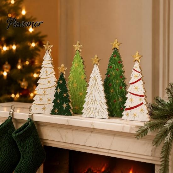 Handcrafted Xmas Gifts for Friends 6Pcs Wooden Christmas Tree Tabletop Decor Set, Rustic Star Topped Natural Wood Tiered Tray Mini Figurines,