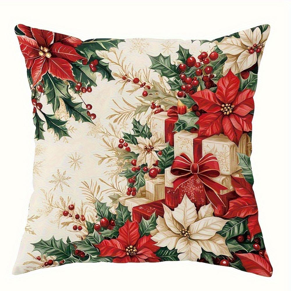 

Festive Christmas Poinsettia & Holly Print Pillowcases - Decorate Your Home in Style! New Year home decoration 16x16Inch