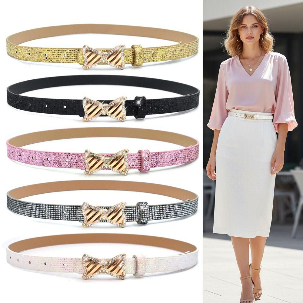 Fashion Bling Bling Sparkling Rhinestone Belt Glitter Versatile Slide Buckle Belt Luxury Brand Design PU Leather Belt Women