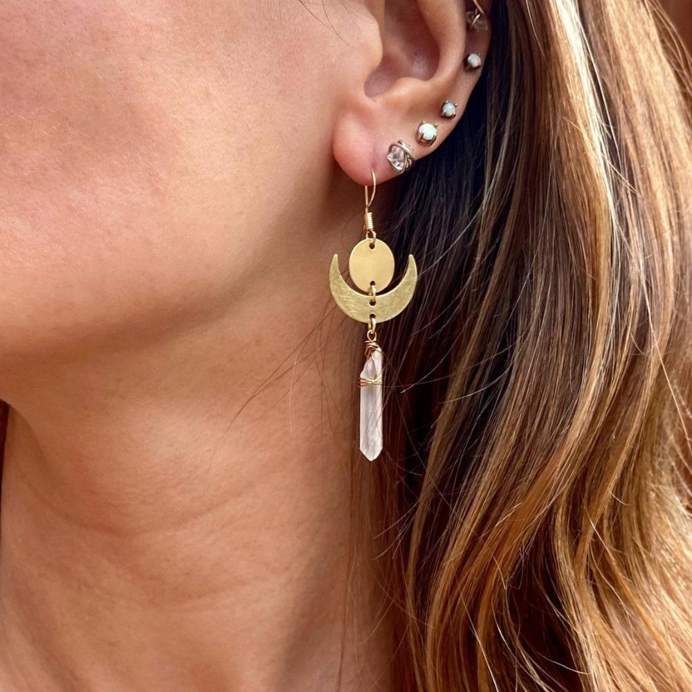 Bohemian Retro Sun Stars Crescent Moon-shaped Irregular Crystal Pendant Dangle Earrings for Women Stainless Steel Jewelry Gifts