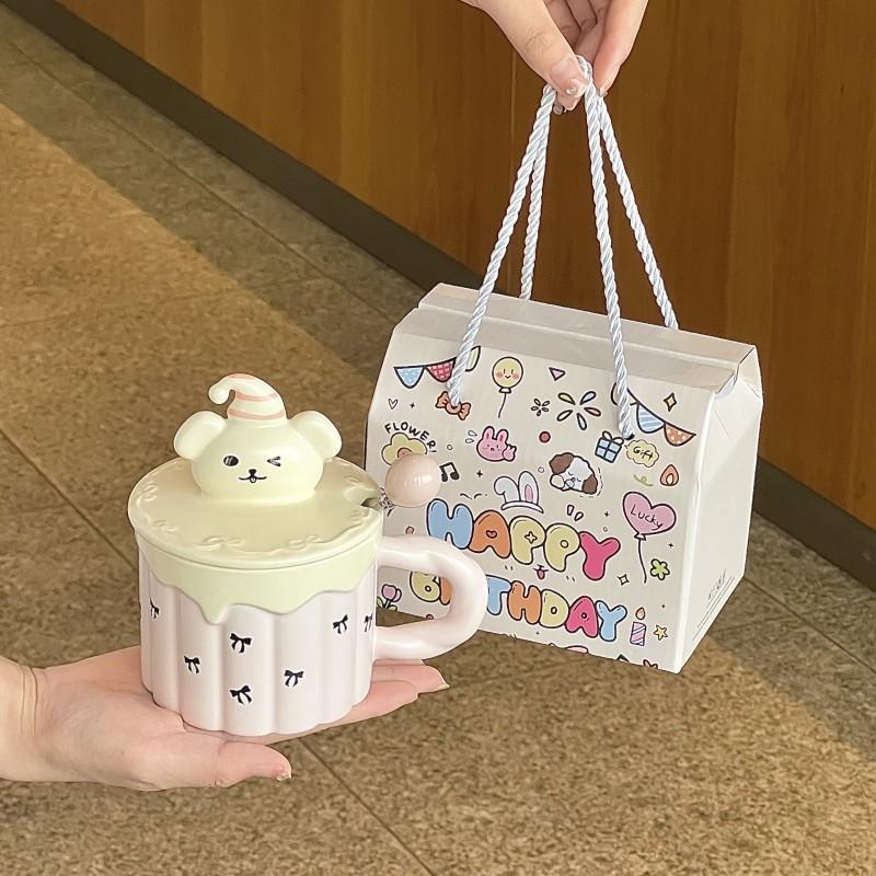 Cute cartoon yellow bear ceramic mug with lid spoon large capacity drinking cup birthday gift practical for girls