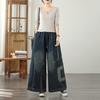 Plus Size Vintage Patchwork High Waist Casual Loose Women Spring Summer Autumn Jeans Denim Wide Leg Pants