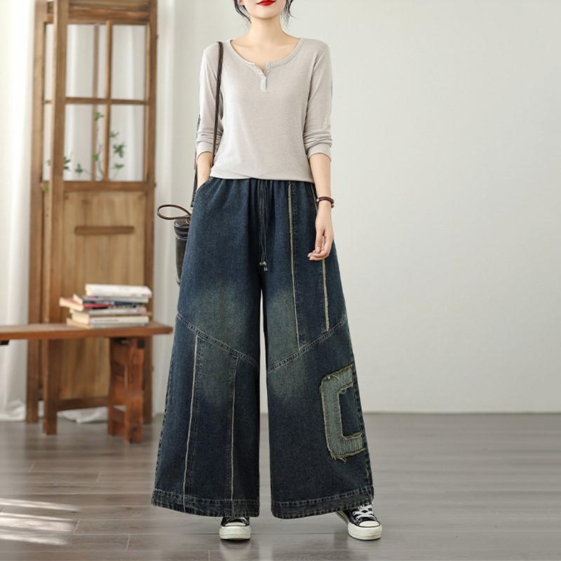 Plus Size Vintage Patchwork High Waist Casual Loose Women Spring Summer Autumn Jeans Denim Wide Leg Pants