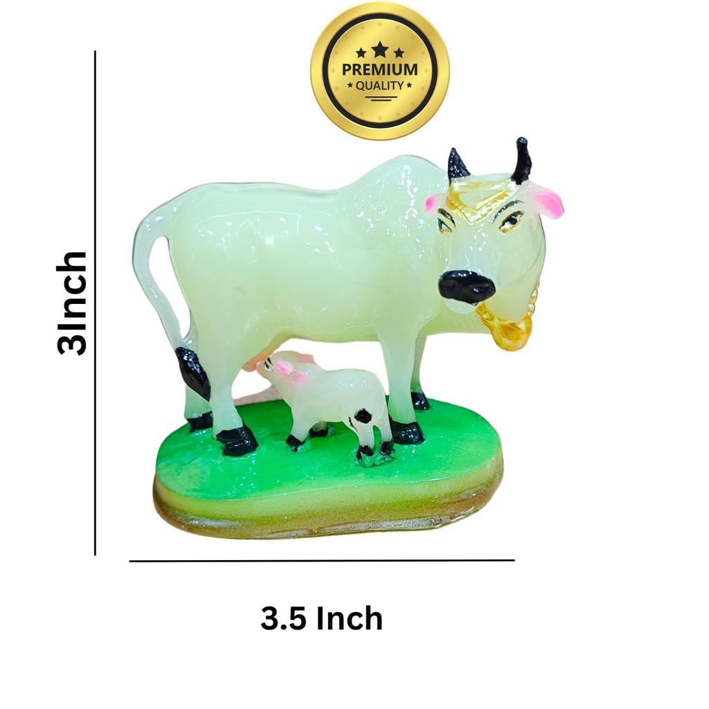Handicraft Decorative Polystone Cow and Calf Big Statue/Idol for Gift Home Decor 8 inch (Radium 3 inch)