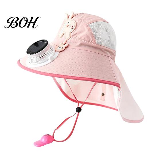 Baby Sun Hat With Fan Kids Cap with Built-in Solar Fan, Wide Brim Protection Cooling Hat, Breathable Mesh Fabric Summer Cartoon Pattern, Shawl Design