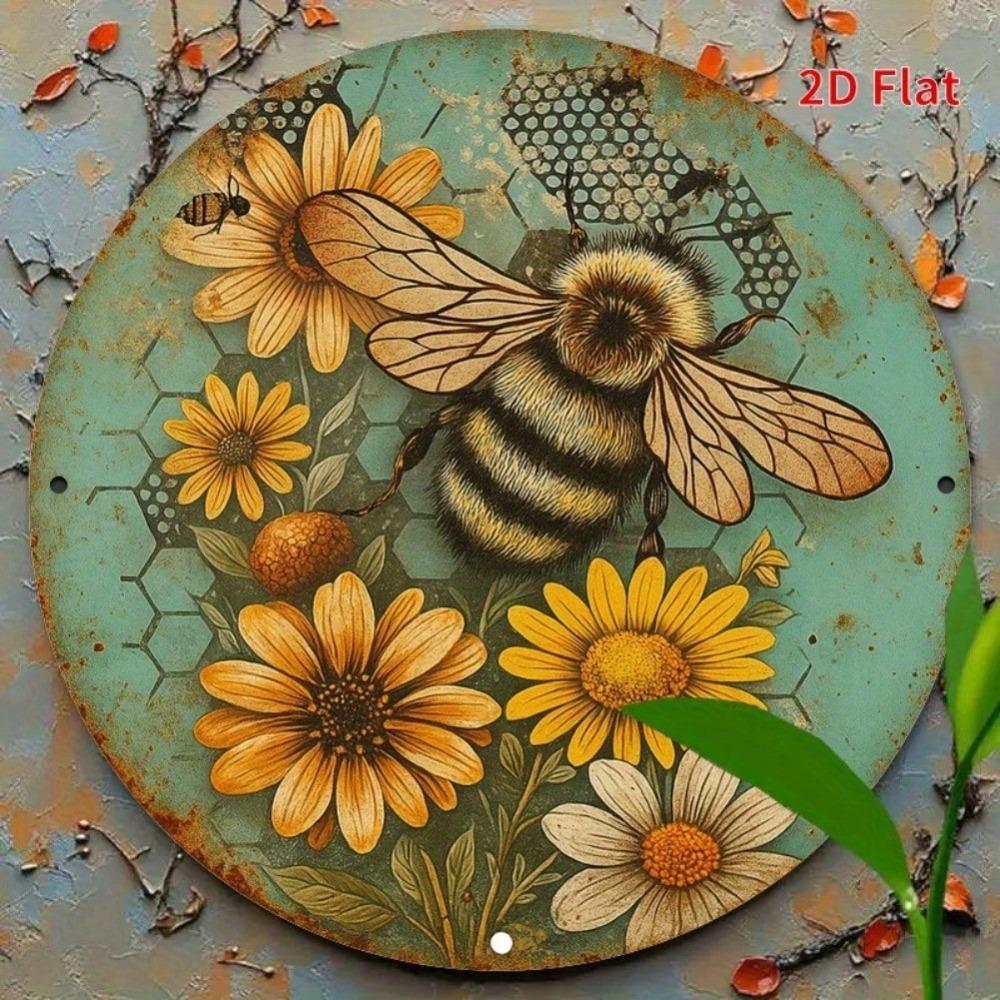 Rustic Bee Floral Round Metal Wall Art Vintage Green Distressed Honeycomb Decor