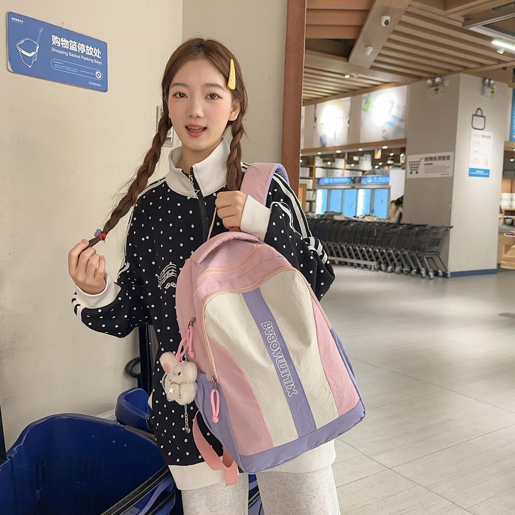 Schoolbag Korean version of dopamine contrasting color backpack female versatile college student schoolbag high value cute pain bag junior high school