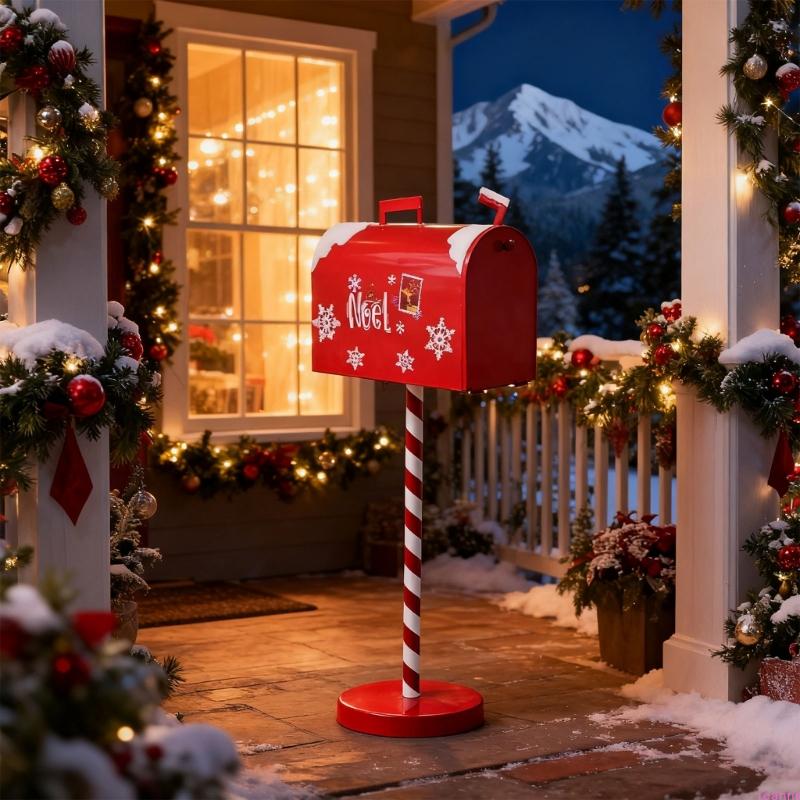 Festival Santa Mailbox For Christmas Decorations Metal Letter Box With Wooden Base Indoor Outdoor Holiday Decoration