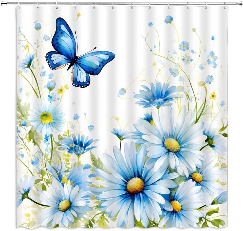 

Flower Butterfly Shower Curtain Spring Blue Daisy Floral Elegant Watercolor Rustic Plant Nature Scenery Fantasy Dream Romantic W60H190(CM)-1 Pcs